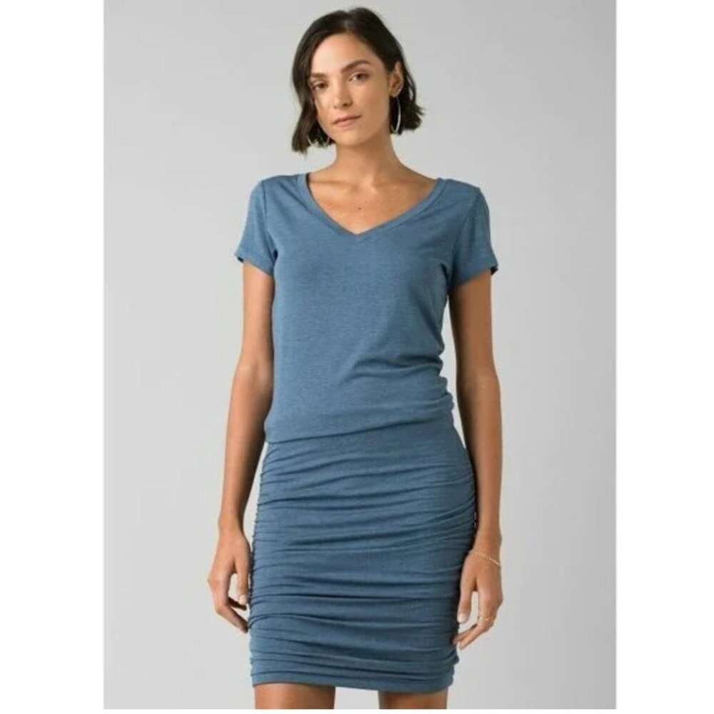 PrAna Foundation Shirt Dress Women's X-Large Blue Ruched Fitted Bodycon Modal